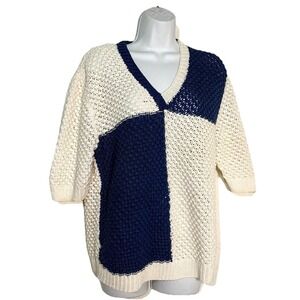 Vtg spliced fisherman sweater Handmade chunky knit pullover L Bl Wh Coastal Boxy